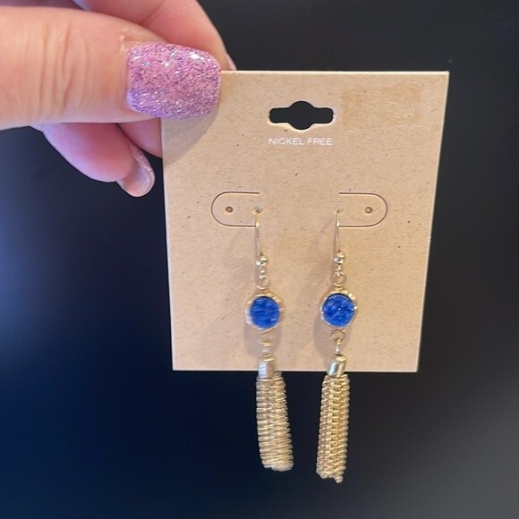Gold and blue nickel free drop down chain earrings  2.5 inches - Picture 7 of 8